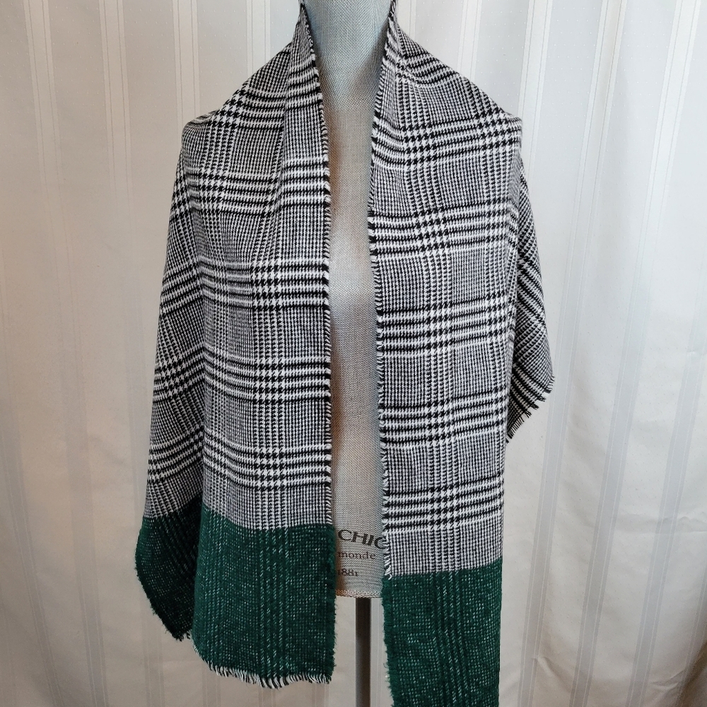 INC Plaid Black and White Houndstooth and Green Scarf